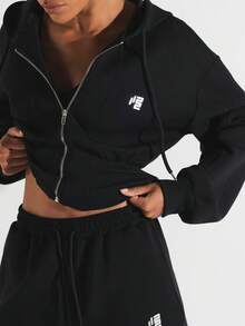 11SKNDS Kurz geschnittener Kapuzenpullover mit Reißverschluss und Kordelzug, Oversized lange Ärmel, lässiges Fleece-Oberteil für den Alltag im Herbst und Winter zum Layering - Schwarz - Übersicht 3