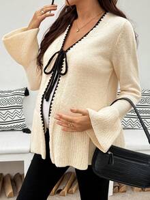 SHEIN Maternity V-Neck Contrast Trim Bow Tie Ruffle Hem Casual Long Sleeve Cardigan,Autumn Outfit For Women Winter - Khaki - View 7