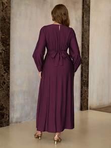 Roveilla Plus Size Women's Spring Autumn Winter French Elegant Luxury Minimalist High-End Design Casual Vacation Office Commute Old Money Style Comfortable Round Neck Gathered Waist Tie Waist Flared Hem Long Sleeve Long Dress - Red Violet - View 2