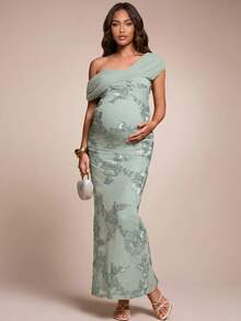 MaterniChic Elegant Maternity Party Dress With 3D Floral Asymmetric Neckline  Elegant Dresses For Party Wedding Guest Luxury Evening Sequin - Green - View 7