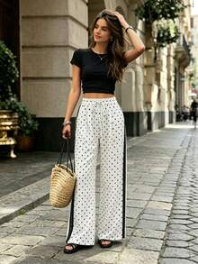 Breezaya Pantaloni lunghi casual a gamba larga da donna con pois e bordo in pizzo a contrasto - Bianco e nero - Visualizzare 6