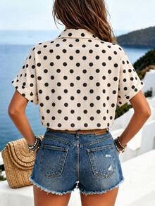 Breezaya Damen Polka Dot Kurzarm Einreiher Lässig Tasche Hemd - Aprikosenfarben - Übersicht 2
