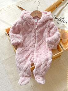 SHEIN Vintaside Kids 新生兒簡約時尚可愛波點長袖連帽抓絨連身衣居家服 - 淺粉色 - 查看 4