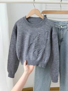 SHEIN 新款時尚百搭可愛手工3D刺繡大花落肩長袖短版套頭毛衣，柔軟舒適面料，適合單穿或疊穿，適合外出、休閒聚會與校園場景 - 灰色 - 查看 4