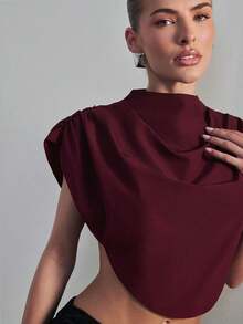 Hauture Women's Draped Shoulder Impact High Neck Crop Top Office Wear - Khaki - View 5