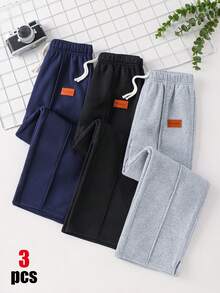 SHEIN 3件組青少年男孩休閒可愛日常舒適經典三色寬鬆直筒運動長褲，買2送1，適合外出、學校、日常聚會，秋冬返校季 - 彩色 - 查看 5