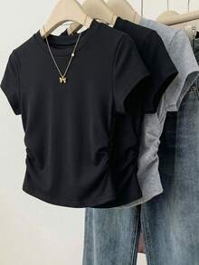 SHEIN Teen Girl/Teen Girls' All-Match Black Casual Ruched Waist Short Sleeve T-Shirt - Black - View 3