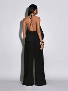 Normani Women's Solid Color Halter Tie Backless Top And Wide Leg Pants Casual Sexy Daily 2-Piece Set Club Night Out Vacation Black Summer - Black - View 2