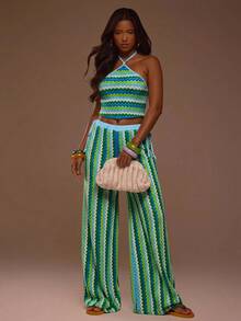 MUSERA Beaded Detail Textured Light Blue Fitted Triangle Halterneck Top Coord Top Only Summer Spring Beach Boho - Blue - View 3