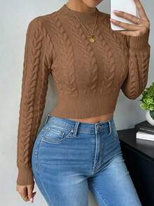 SHEIN Raffinéa Áo len croptop màu trơn phong cách thường ngày đa năng - màu nâu - Xem 3