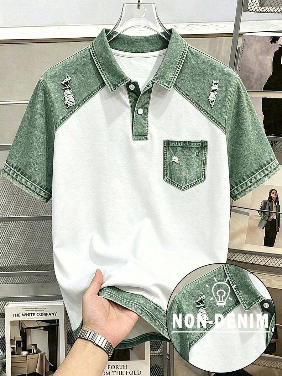 Manfinity Hypemode 男士牛仔效果印花短袖休閒 Polo 衫 - 綠色 - 查看 1