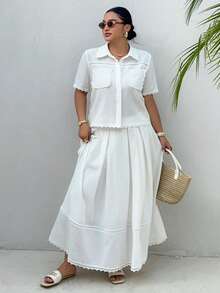 Dazy Plus Spring/Summer Women's Elegant Lace Patchwork Pocket Shirt And Skirt Set, White Vacation Style Casual Plus Size 2-Piece Outfit - White - View 4
