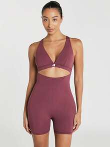 11SKNDS V-Neck Cutout Athletic Romper Jumpsuit With Crossback Straps And Biker Shorts Unitard One-Piece Bodysuit For Yoga Pilates Activewear Spring Summer - Purple - View 3