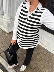 SHEIN Maternity Colorblock Striped Sleeveless Button Knit Vest,Autumn Outfit For Women - Black and White - View 6