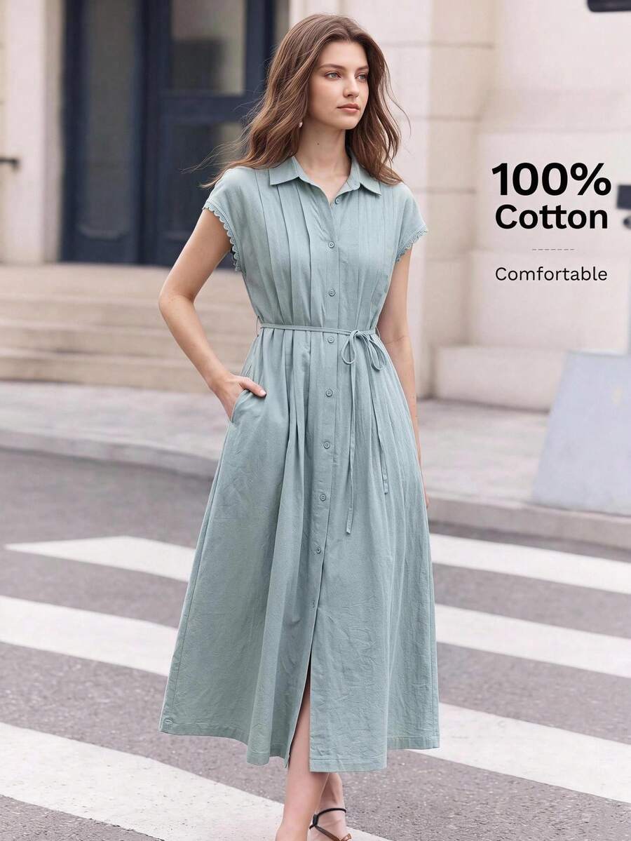 BizChic Waist-Cinching Front-Button Minimalist Casual Dress For Back To School, Party, Birthday, Wedding Guest, Autumn, Sage Green, Halloween, Back To School Season, Church, Special Occasions, Date, Vacation, French Elegant Vintage Vacation Style