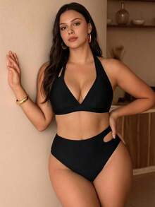 Oceva Plus Size Solid Color Cutout Halter Tie Sexy Bikini Two Pieces Swimsuit Set Beach Vacation Black Summer - Black - View 5