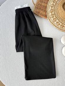 SHEIN Tween女孩休閒簡約舒適中腰針織抓絨腰帶長褲，蕾絲飾邊抽繩設計，直筒褲腿，中厚度，黑色，適合秋冬季節，返校穿搭 - 黑色 - 查看 6