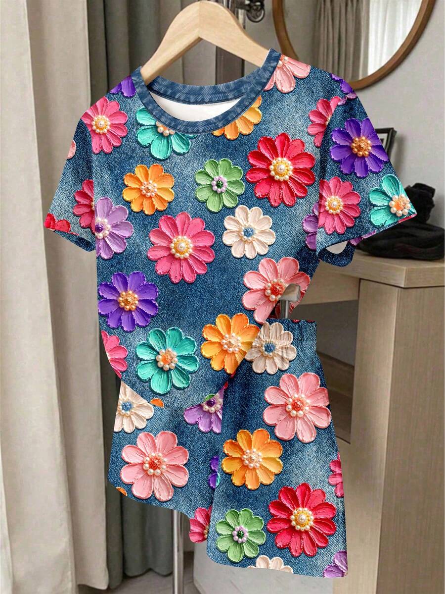 可愛甜美多巴胺彩色花卉仿牛仔印花圖案，青少年女孩休閒極簡短袖上衣與短褲兩件套，適合夏季戶外野餐、出遊、街頭風、校園返校、Y2K、音樂節、BM風 - 彩色 - 查看 1