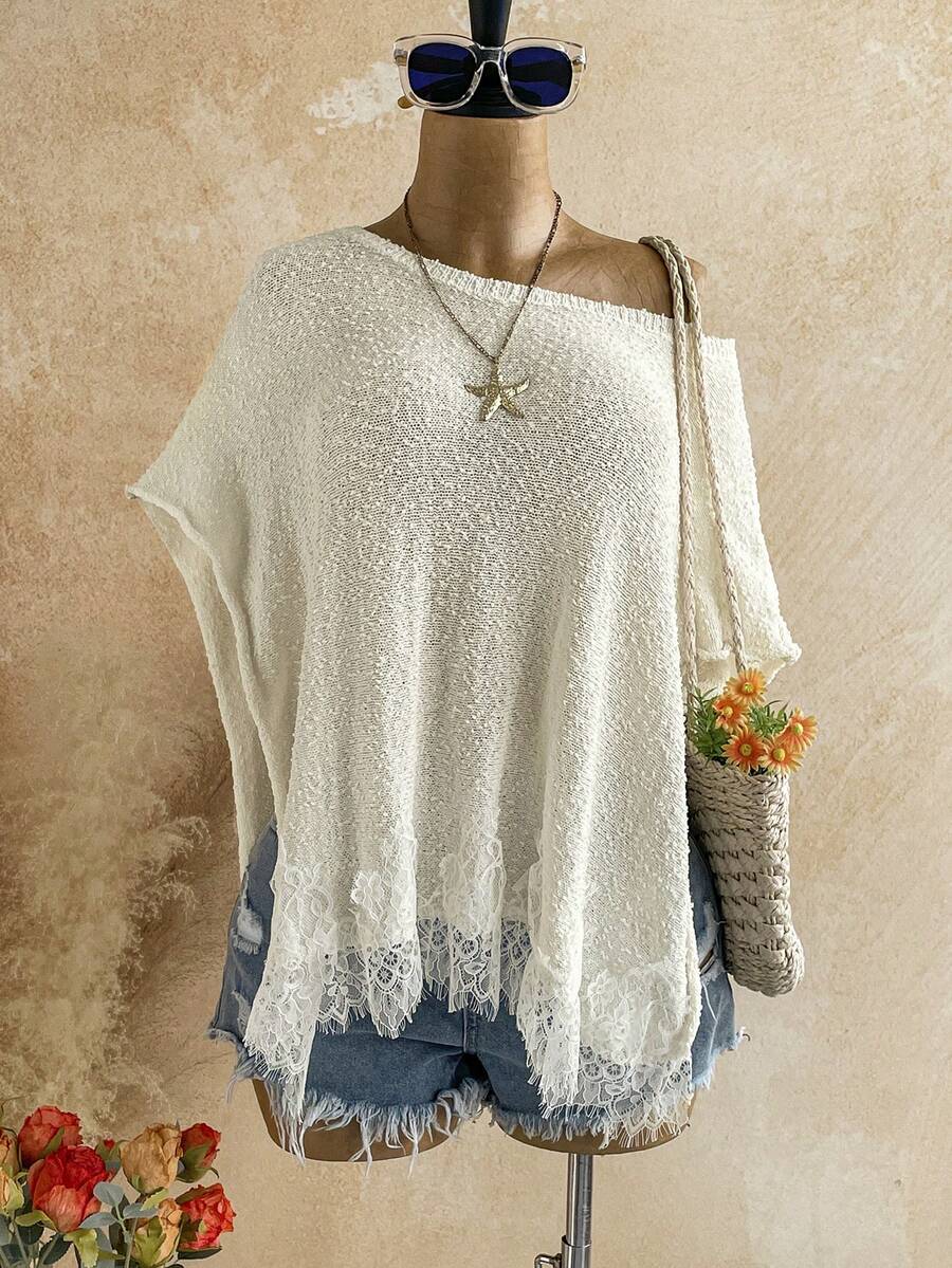 Soleia Women's Lace Patchwork Asymmetrical Shoulder Casual Versatile Daily Knit Top - Apricot - View 1