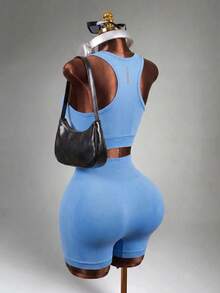Mistrie Contrast Trim Crop Sports Workout Tank Tops Gym Top Fitted Shirt - Baby Blue - View 3