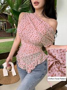 Modelyn 女款黃色碎花不對稱單肩荷葉邊百褶性感極簡度假上衣 - 粉色 - 查看 1