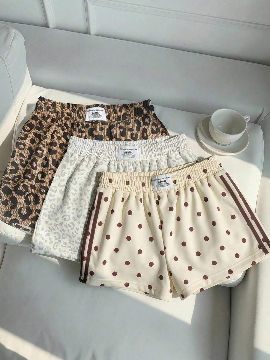 SHEIN EZwear 3件組女款舒適休閒短褲,梭織面料,適合日常穿著,波點豹紋條紋短褲套裝,波點短褲、豹紋短褲,休閒簡約百搭,適合派對聚會機場 Y2K 上衣,夏季出遊 - 彩色 - 查看 1