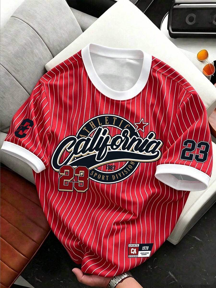 HypeHours 經典校園運動風復古 California 23 短袖T恤,黑白直條紋 California 23 條紋棒球衫時尚運動休閒短袖T恤 - 彩色 - 查看 1