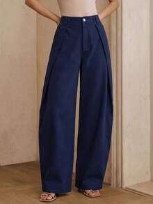 Anewsta Essential Summer Navy Blue Washed Wide Leg Pants, Fashionable Minimalist Casual Commuter Loose Slimming Curved Leg Jeans For Women, Everyday - Navy Blue - View 4