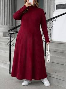 SHEIN CURVE+ 女款大尺碼秋冬針織羅紋高領長袖A字洋裝 - 酒紅色 - 查看 3