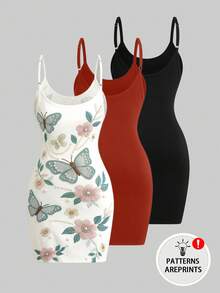 SHEIN LUNE CURVE Vestido mini básico casual sexy de talla grande con tirantes finos, ajustado, con bolsillos, de tela acanalada, estampado de leopardo y color liso - Multicolor - Ver 2