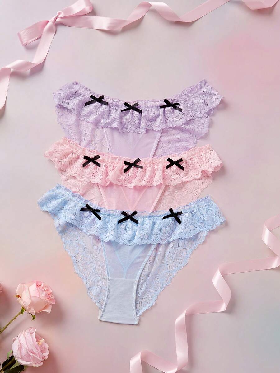 Elorette Women's Elegant Lace Patchwork Bow Decor Triangle Panties - Multicolor - View 1