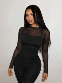 SHEIN SXY 性感對比蕾絲露背鏤空上衣 夜店外訪黑色秋季款 - 黑色 - 查看 4