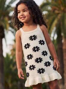 Maija Kids Maija Kids 1件少女休閒優雅度假風精緻寬鬆可愛黑色花卉圖案針織白色無袖吊帶毛衣洋裝，適合日常穿著、返校、外出、聚會、假日派對，春夏季適用 - 黑與白 - 查看 8