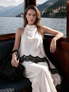 Briarwyn Summer Women's Satin Lace Patchwork Asymmetric Hem Sleeveless Top And Long Pants Elegant Suit Cocktail Evening Party Black White,Elegant Set - White - View 1