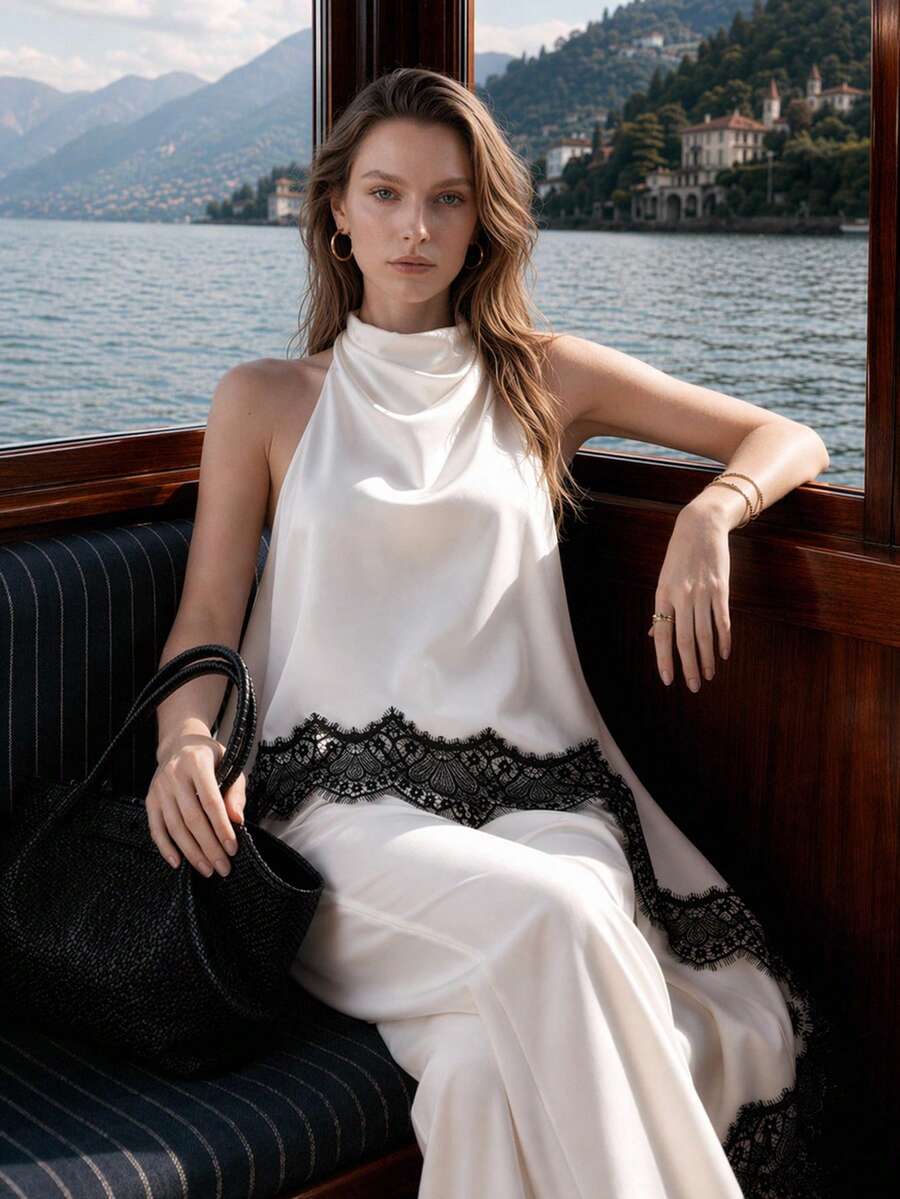 Briarwyn Summer Women's Satin Lace Patchwork Asymmetric Hem Sleeveless Top And Long Pants Elegant Suit Cocktail Evening Party Black White,Elegant Set - White - View 1