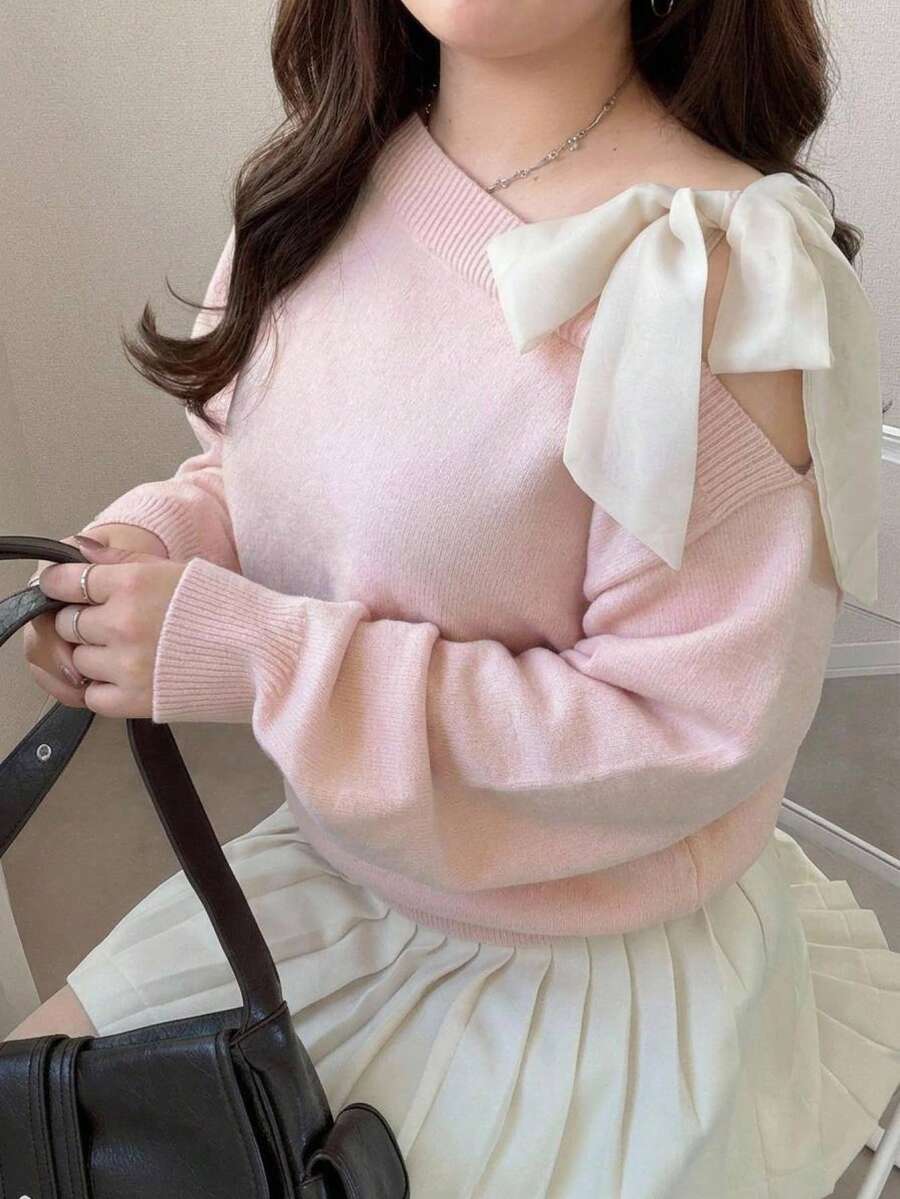Dazy Plus Contrast Color Cold Shoulder Dropped Shoulder Long Sleeve Bow Tie Loose Casual Versatile Pullover Sweater Spring/Autumn New Arrival - Pink - View 1