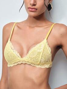 Softvol Holiday Season Ultra-Thin Bra, Floral Pattern Lace Bra For Small Bust Women, Soft Seamless Triangle Cup Sexy Lingerie - Yellow - View 9