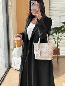 Yasmyna Women's Solid Color Long Sleeve Robe And Pleated Skirt Casual Daily Arabic Outfit - Black - View 3