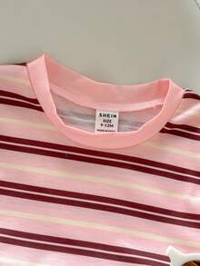 SHEIN Playful Pals 女嬰休閒時尚日常圓領標準肩短袖短版粉色T恤，附3D蝴蝶結與鬆緊腰短褲套裝 - 彩色 - 查看 5