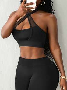 SHEIN BamGlam Women's Solid Color Criss-Cross Design Cropped Halter Neck Sports Tank Top - Black - View 7
