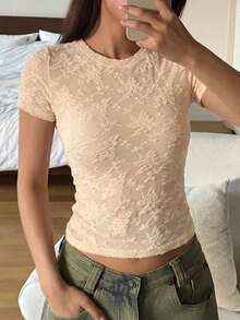 DAZY Lace Fitted Short Sleeve T-Shirt Summer Outfit Women's Pajama Top - Apricot - View 4