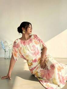 Firerie 大尺碼女款春夏優雅極簡精緻浪漫時尚聖帕特里克節假期派對日常穿著抽象綠色印花長袖洋裝 - 彩色 - 查看 3