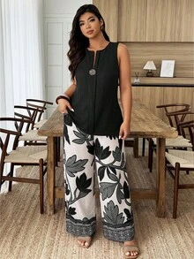 Weeklong Women's Plus Size Spring/Summer Botanical Print Button Decor Casual Vacation 2-Piece Set Vacation Emerald Green White Vacation Tropical - Multicolor - View 4