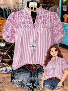 Linhara 大尺碼女款夏季條紋仿刺繡V領荷葉邊泡泡袖時尚休閒度假短袖襯衫 - 玫紅色 - 查看 1