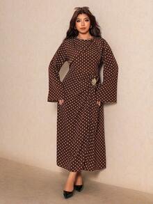 Elaquor Plus Size Women's Polka Dot Casual Daily Summer Dress - Brown - View 4