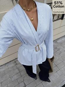 Siren Gaze Women's Striped Metal Decor Casual Versatile Daily Long Sleeve Shirt Elegant - Blue and White - View 6