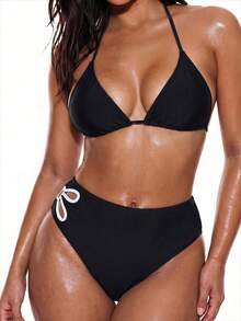 Oceva Plus Size Colorblock Hollow Floral Print Bikini Bottom - Black - View 1