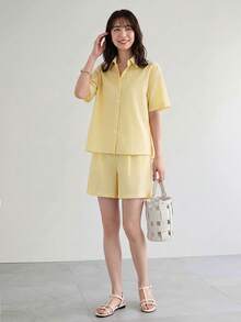 Yumoku 2pcs Women's Linen Striped Shirt & Shorts Set, Casual Summer Holiday Wear,Casual - Yellow - View 4