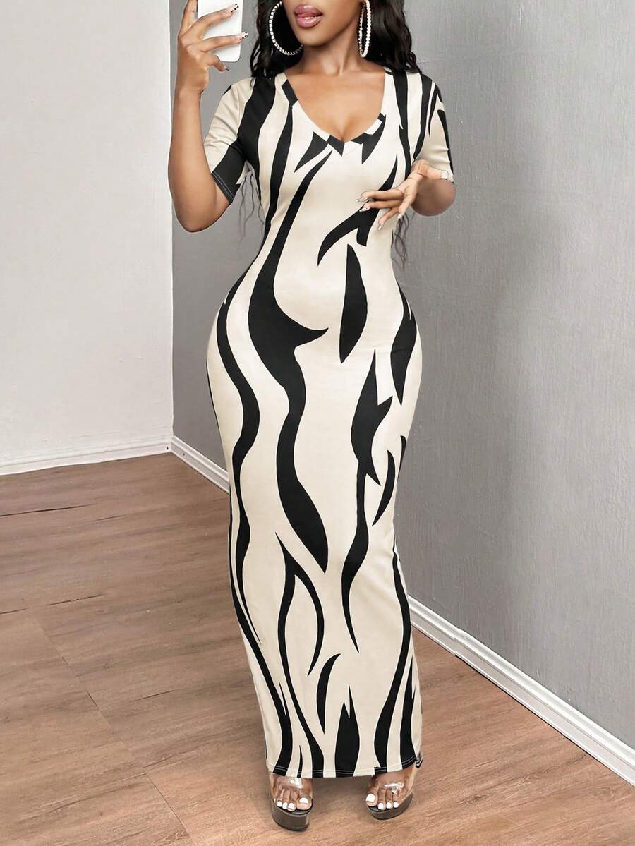 SHEIN SXY 女款純色V領修身短袖洋裝 HOCO舞會禮服 - 黑與白 - 查看 1