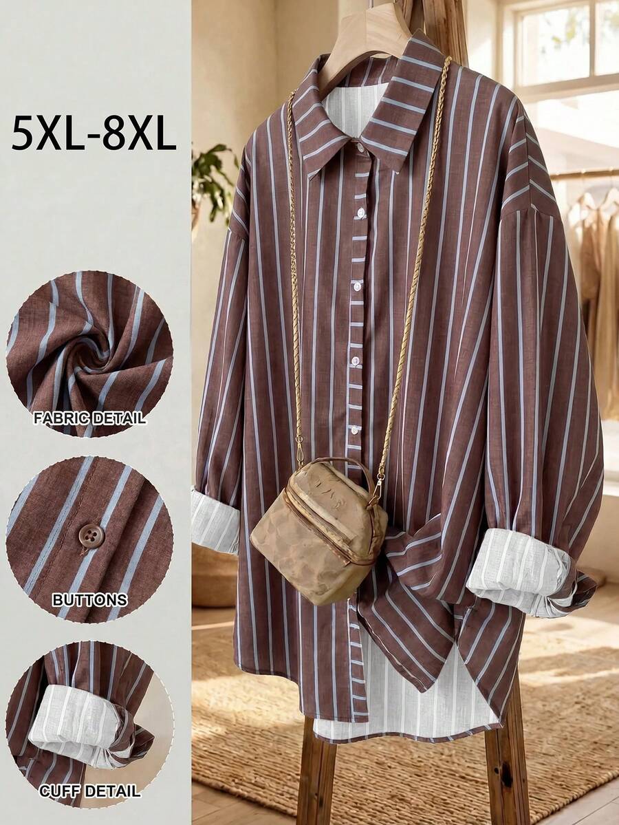 SHEIN CURVE+ 大尺碼女款感恩節秋季休閒奇幻風端莊日常穿著長袖襯衫,新年 - 彩色 - 查看 1